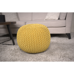 Pouf rond en coton tricoté jaune de 30 pouces de diamètre, pouf de sol, décoration de salon - Product Image 1