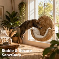 Hamac de luxe pour chat en jacinthe d'eau tressée à la main, avec structure en acier alliage de magnésium, mural ou sur pied, amovible et lavable