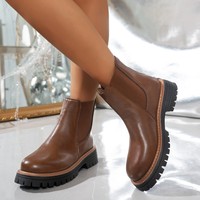Bottines tendance pour femmes, marron et noir, plateforme épaisse, talon moyen, à enfiler, bottines à la cheville, fabrication OEM, stock RTS