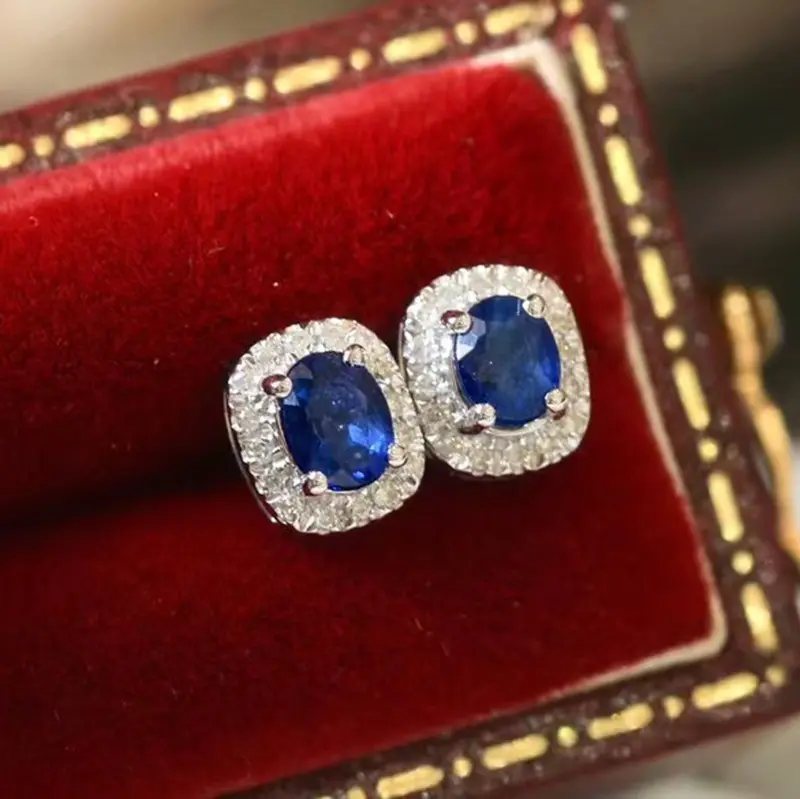 Aimgal fine jewelry AU750 18K Gold 0.4ct vivid blue Sapphire 0.16ct diamond Stud earrings Trendy Wedding Party or Gift