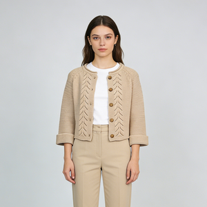 Cardigan Corto Traforato da <span class=keywords><strong>Donna</strong></span> con Logo Personalizzato, Maglione con Bottoni, Top Casual Leggero e Morbido, Vestibilità Slim, Maglieria Femminile - Product Image 1