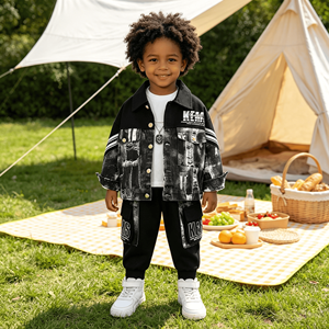 Veste en jean à imprimé graffiti pour garçons, t-shirt à manches longues à col rond uni, pantalon de jogging avec patch lettres, <span class=keywords><strong>tenue</strong></span> décontractée streetwear <span class=keywords><strong>hip</strong></span>-<span class=keywords><strong>hop</strong></span> - Product Image 3