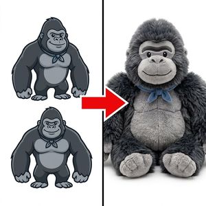 Peluche personnalisée Gorille Silverback assis, fourrure grise bicolore, tissu bleu doux, nœud papillon en tissu, style dessin animé singe sauvage - Product Image 1