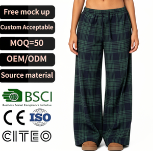 <strong>Women</strong> Green Plaid Wide Leg Pants Elastic Waist Drawstring Casual Lounge <strong>Trousers</strong> Retro Checkered Loose Fit Home Wear Fashion - Product Image 1