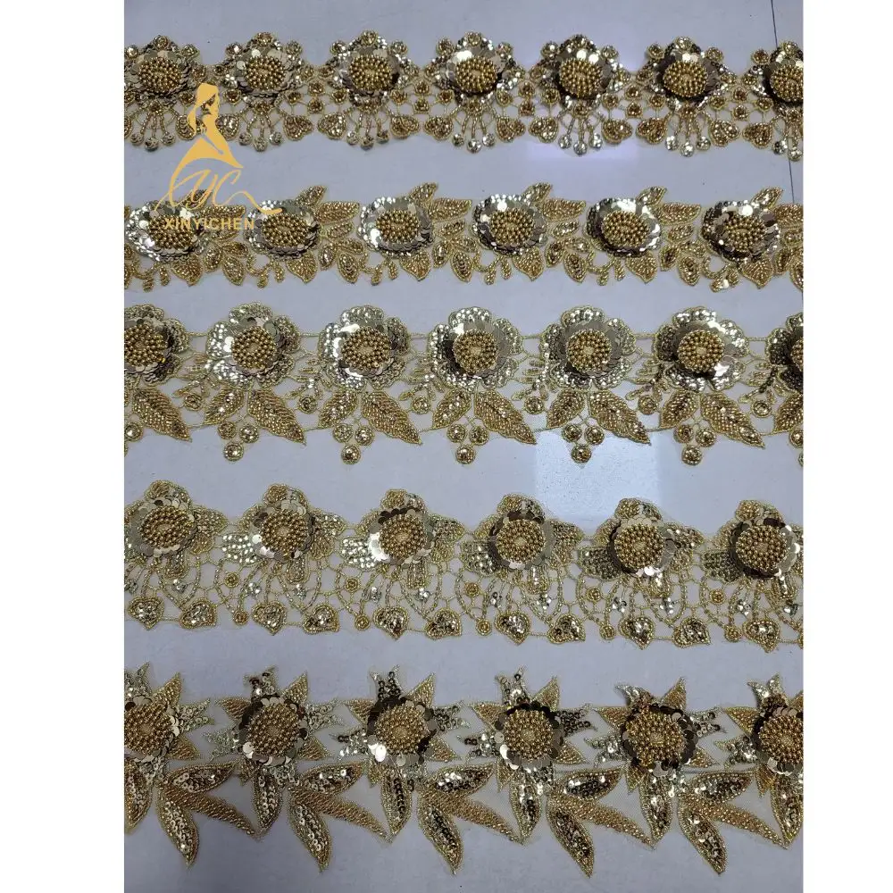 Broderie 3D en Polyester à motifs multiples, garniture en dentelle à paillettes perlées, garniture en dentelle à fleurs, garniture en perles d'or