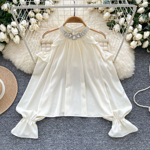 Blusa Vintage de diseño francés para mujer, camisola de manga larga <span class=keywords><strong>con</strong></span> diamantes y estilo tejido <span class=keywords><strong>con</strong></span> hombros descubiertos - Product Image 1