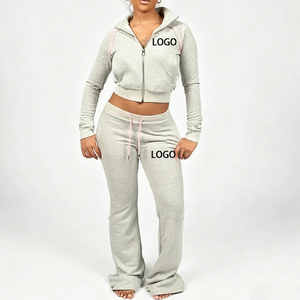 Low MOQ Custom Logo Streetwear Y2K Women Two Piece <b>Set</b> Zip Up Hoodie and Flared Sweatpants <b>Set</b> Tracksuit Women Clothing - Product Image 1
