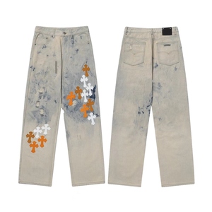 Pantalones vaqueros con parche cruzado desgastado de diseño personalizado de alta calidad para hombre, pantalones holgados elásticos, pantalones vaqueros rasgados rectos a la moda para hombre - Product Image 3