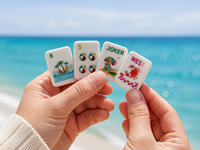 Premium Ada Tropikal Plaj Amerikan Mahjong Seti Palm Count Eşleşmeleri Karo Değeri Kırmızı Rakam Sörf Tahtası Crak Yeşil Frond