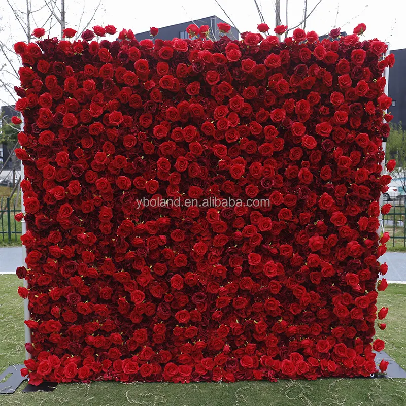 K03 Wedding Decor Portable 8x8 Burgundy Red Flower Wall 3D 5D Roll Up Fabric Red Artificial Silk Rose Flower Wall Backdrop Panel