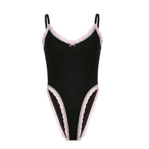 Body sexy en dentelle patchwork tricoté pour femme, coupe régulière, très extensible, col rond, style camisole, été, au-dessus du genou - Product Image 5