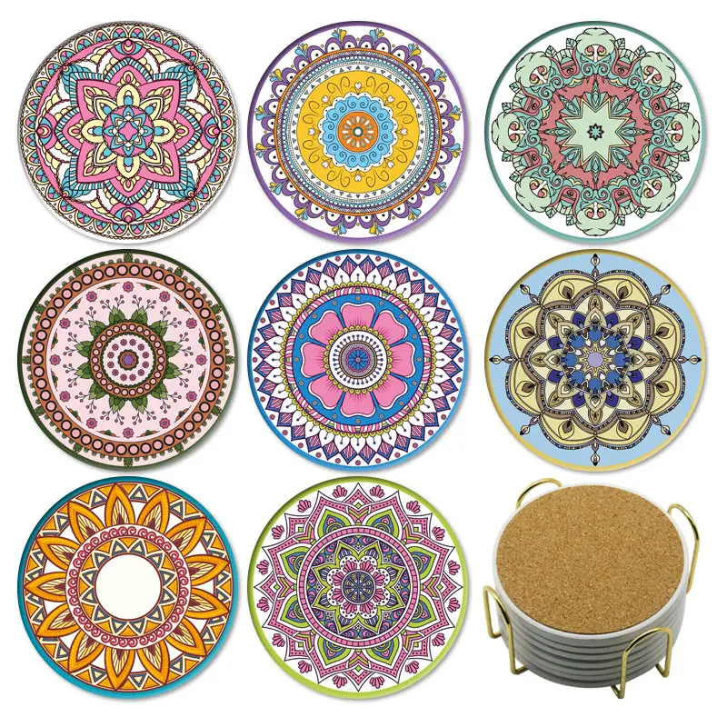 Mandala printing morocco style ceramic cup coaster for drink custom wholesale Mats   Pads