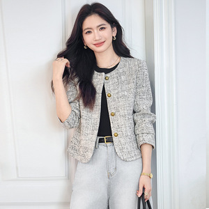 Women's Tweed Blazer Short Jacket With Buttons Spring Autumn Style Casual Elegant Petite Fit Worsted Fabric GDX1686 - Product Image 4