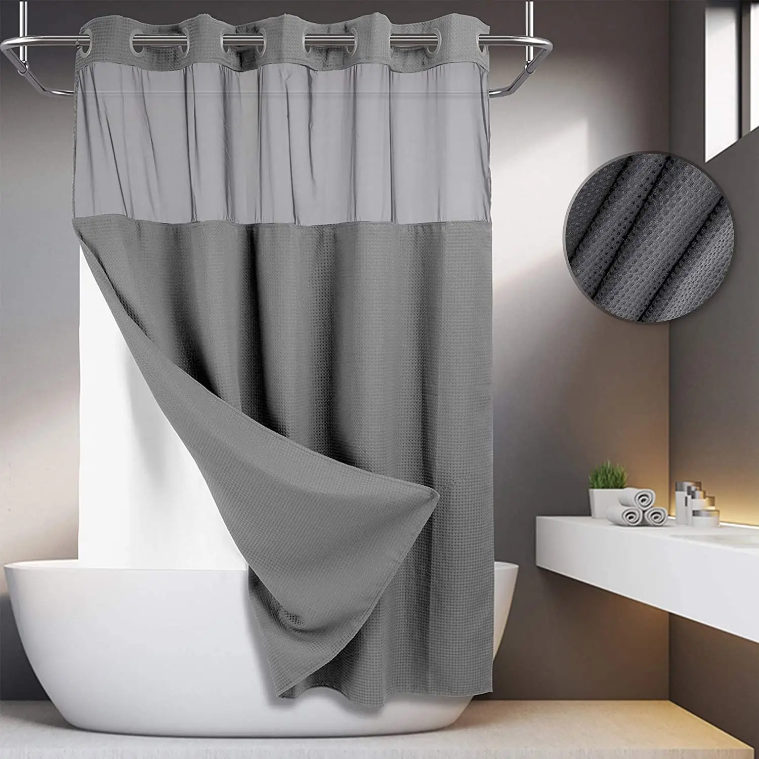 China Manufactory Polyester Plain Waffle Weave Shower Curtain With Snap-In Fabric Liner Set For Hotel