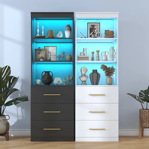 Armoire de présentation haute en bois moderne avec éclairage LED blanc, étagères ouvertes, commode minimaliste, meubles pour la maison et la chambre - Product Image 4