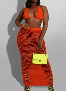 Just Arrivals STOCK 2Colors <strong>Crochet</strong> Dress Knitted Two Pieces Beachwear Triangle Top <strong>Long</strong> Beach <strong>Skirt</strong> - Product Image 5