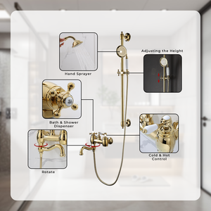 Nuevo Grifo Mezclador de Ducha y Bañera de Latón de Doble Manija para Montaje en Pared con Chorro/Masaje y Diseño de <span class=keywords><strong>Cascada</strong></span> Dorada para Uso Hotelero - Product Image 2