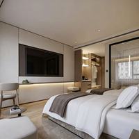 Ensemble de lit king size en bois massif pour chambre d'hôtel commerciale avec panneau mural LED intégré, écologique et moderne pour l'hôtellerie