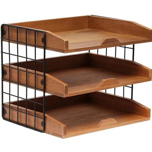 Wooden And Wrought Iron <b>File</b> Storage <b>Box</b> 3 Tier Desktop Organizer Walnut Black Office Supplies Multi Drawer Folder Rack - Product Image 3