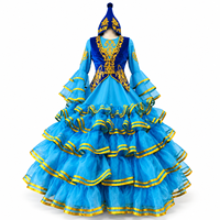 Costume de scène ethnique bleu professionnel pour femmes, robe de danse folklorique à plusieurs couches et volants avec broderie dorée