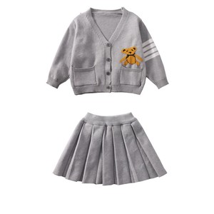 Lin+ Girls' Sweater Cardigan Skirt Set Gray Bear Knit Two Piece School Style Children's Outfit Cotton Woolen Fabric - Product Image 5