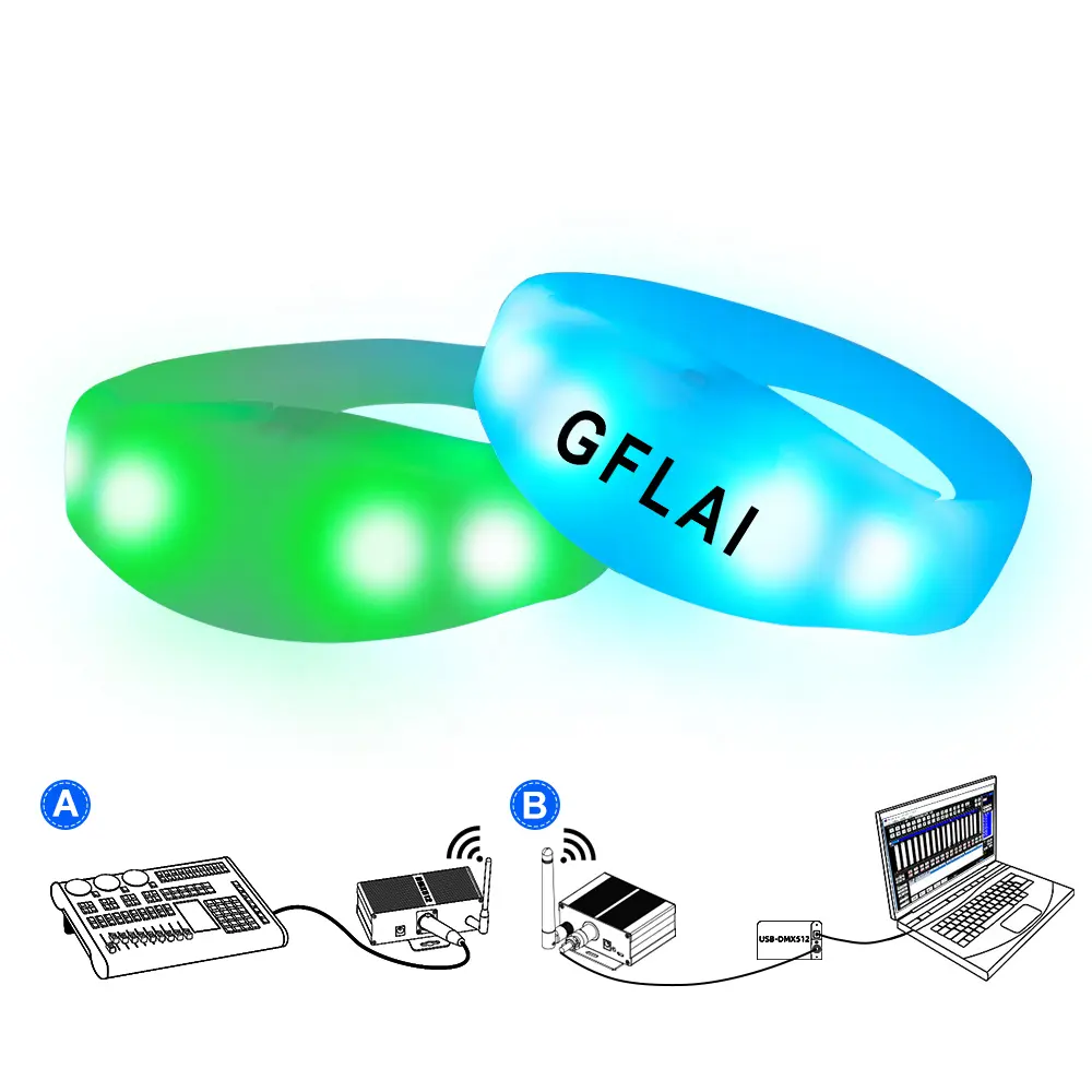 GFLAI Light Up ปรับ DMX ปาร์ตี้ไฟที่ตั้งโปรแกรมได้โลโก้ที่กําหนดเองสายรัดข้อมือ LED สว่างเป็นพิเศษสําหรับกิจกรรมต่างๆ