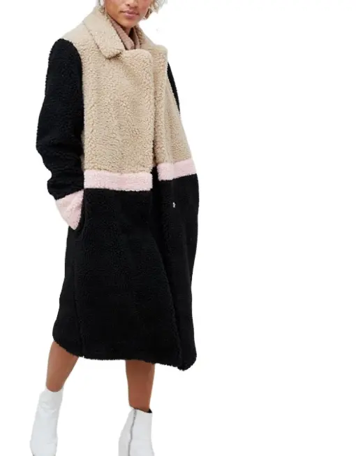 Color Block Contrast Faux Fur Teddy Mini Coats女性のためのトレンディ卸売偽デザイナー服ST1130