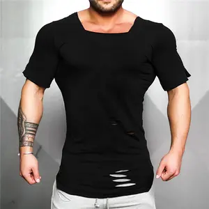 Bodybuild Muscle T-Shirts Custom Square Collar Broken Hole Make Old Short Sleeve Pure Color Slim Sport Cotton T Shirt For Men