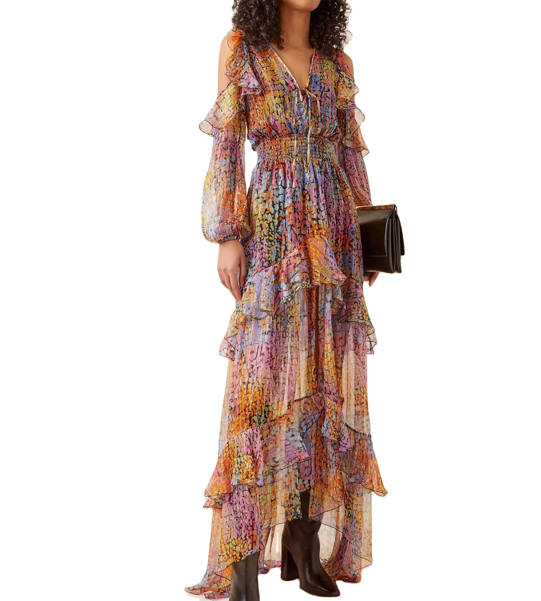 Women clothing 2023 long sleeve floral printed chiffon modest midi dress elegant lady's casual wear boho dress