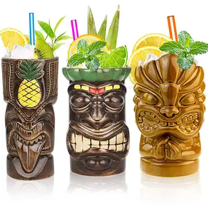 Conjunto de 3 Canecas de Cerâmica Canecas Copos Do Partido Havaiano Tiki, Tiki Bar Canecas para Cocktails