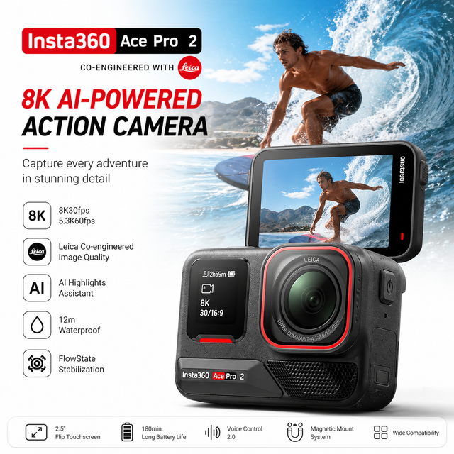 Insta360 Ace Pro 2 8K Action Camera Waterproof Sports Camera with AI Stabilization Leica Lens for Vlog Outdoor Travel
