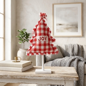 Décor de Noël JOY en bois à carreaux rouges, style ferme, avec franges, pour table, <span class=keywords><strong>arbre</strong></span> de Noël, panneau de fête - Product Image 1