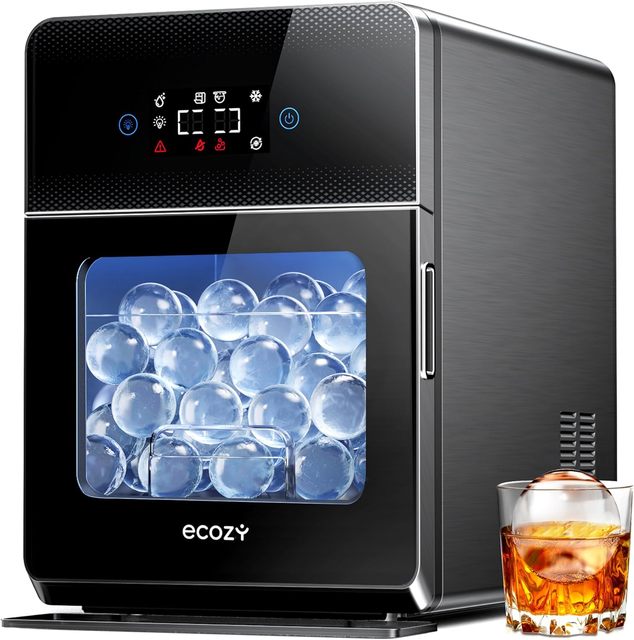 ecozy 2" Clear Ice Ball Maker with CrystalFlux Technology Sphere Ice Maker with Enhanced Insulation, Automatic Water Supply