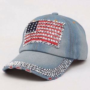 Casquette de baseball en jean vieilli non structuré, style vintage, avec strass drapeau américain, vente en gros - Product Image 1
