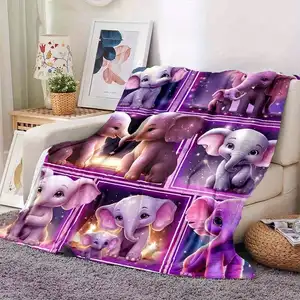 Selimut flanel kartun ungu gajah ringan flanel bulu domba cetak Digital rajutan untuk tempat tidur Sofa rumah lembut dan hangat