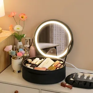Custom Vanity Cosmetics Case borsa per il trucco Organizer da viaggio Make Up Makeup Box rotondo con specchio luminoso a Led