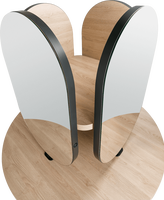 Îlot de coiffure moderne double face avec miroir rond en MDF, ensemble de mobilier de salon de coiffure avec plusieurs espaces de rangement