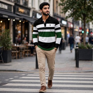 Polo de rugby décontracté pour homme à manches longues, rayé, avec blocs de couleur contrastés, en mélange de coton, vente en gros, OEM - Product Image 3