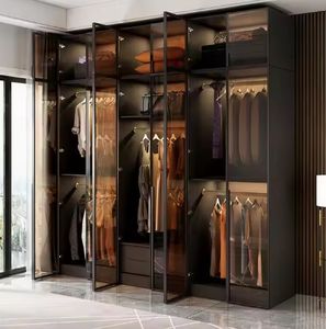 Armoire de rangement pour vêtements, armoire noire, armoire avec porte en verre, lumières LED - Product Image 4