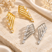 Anting-anting kancing zircon bunga hati sayap malaikat N&S untuk wanita, lapis emas 18K, baja tahan karat, perhiasan pesta, grosir