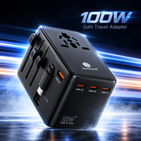 Adaptateur de voyage universel 100W GaN avec chargeur rapide et câble Type C rétractable, multi-prises EU, UK, US, AU pour les voyages internationaux