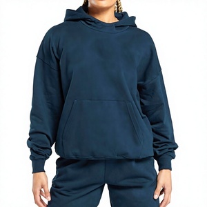 <b>Women's</b> <b>Navy</b> Blue Hooded Sweatshirt Solid Color Long Sleeve Oversized Cotton <b>Fleece</b> Pullover Pockets Eco-Friendly Streetwear - Product Image 1