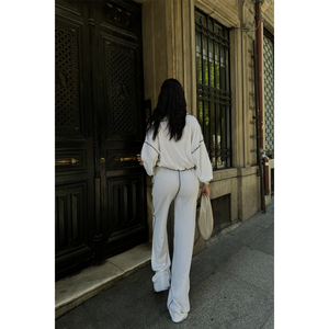 Conjunto de blusa y pantalones con ribetes para mujer, chenilla blanca, manga larga, informal, para todas las estaciones - Product Image 1