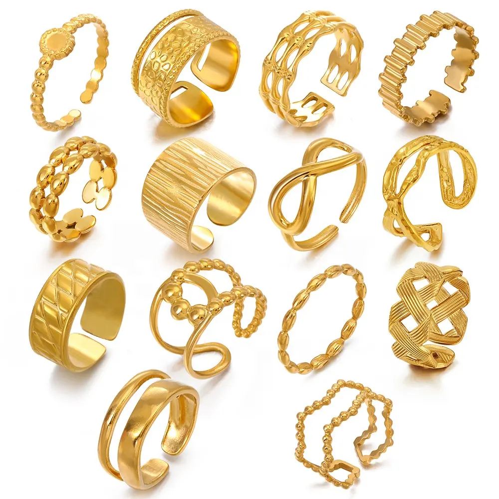 Оптовая продажа модных ювелирных изделий женские кольца из нержавеющей стали 18K позолоченные водонепроницаемые ювелирные изделия женские регулируемые кольца