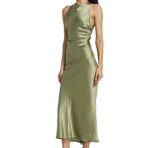2023 Women Custom Summer New Sleeveless Backless Dress Classic Outwear Soft Silk Satin Elegant Solid Green Ruched Casual Dress