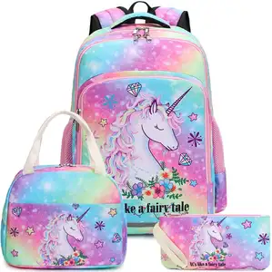 Custom Unicorn Child Girls Schoolbag Lunch Bag Pencil Bag Set Backpack Waterproof School Bag