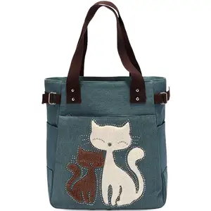 Hochwertige Mode Umhängetasche Handtasche Plüsch Katze Design Damen Baumwolle Leinwand Großhandel Einkaufstasche für Frau Mädchen