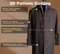 Manteau en laine 100% pour homme, gris anthracite, à chevrons, col tailleur, simple boutonnage, texture tissée grossière, mettant en valeur l'esthétique hivernale