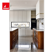 Meubles d'îlot de cuisine incurvés Alland 2026, grand organisateur et rangement, grain de noyer américain, beige, armoires de cuisine fines style Shaker