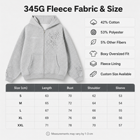 Sweat-shirt à capuche rétro streetwear surdimensionné, personnalisé, délavé à l'acide, imprimé lettres sur toute la surface, avec strass, fermeture éclair intégrale, écologique